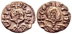 Byzantine Basil I the Macedonian, with Constantine, Debased AV Semissis. Syracuse, AD 868-878. bASILЄIOC, bust facing, wearing crown and loros and holding globus cruciger / CONSTANT, bust facing, wear