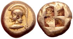 Greek Mysia, Kyzikos EL Stater. Circa 550-500 BC. Head of Athena left, wearing crested Attic helmet, base of crest decorated with zig-zag and pellet pattern; tunny to left below / Quadripartite incuse