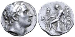 Greek Seleukid Empire, Antiochos III 'the Great' AR Tetradrachm. Uncertain mint, Sardes(?), circa 203 BC. Diademed head right / BAΣIΛEΩΣ ANTIOXOY, Apollo Delphios seated left on omphalos, holding arro