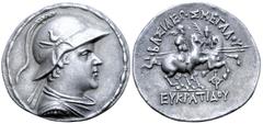 Greek Greco-Baktrian Kingdom, Eukratides I 'the Great' AR Tetradrachm. Circa 170-145 BC. Helmeted bust right / The Dioskouroi on horses prancing right, each holding spear and palm; ΒΑΣΙΛΕΩΣ ΜΕΓΑΛΟΥ ab