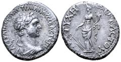 Roman Provincial Trajan AR Mule Didrachm of Caesarea, Cappadocia. AD 112-114. AVT KAI NEPOYAC TPAIANOC CEBAC ΓEPM, laureate, draped and cuirassed bust right / ΤΥΧΗ CEBACTOY, Tyche standing left, holdi