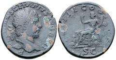 Roman Imperial Geta Æ Sestertius. Rome, AD 211. P S[EPTIMI]VS GETA PIVS AVG B[RIT], laureate head right / [TR P] III COS [II P P], Italia seated left, holding sceptre and cornucopiae; at her feet, fem