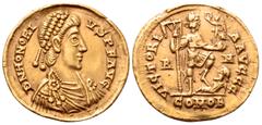 Roman Imperial Honorius AV Solidus. Mediolanum, AD 394-395. D N HONORIVS P F AVG, pearl-diademed, draped and cuirassed bust right / VICTORIA AVGGG, Emperor standing right, holding labarum and Victory 