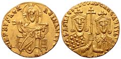 Byzantine Basil I AV Solidus. Constantinopolis, AD 870-871. + IhS XPS REX REGNANTIVM*, Christ, nimbate, seated facing, wearing chiton, raising hand in benediction and holding Gospels / bASILIOS ET CON
