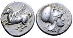 Greek Sicily, Syracuse AR Stater. Time of Timoleon and the Third Democracy, circa 344-338 BC. Pegasos flying left / Helmeted head of Athena right, ΣVΡΑΚΟΣΙΩΝ around. Pegasi 1; SNG ANS 504. 8.57g, 22mm