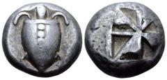 Greek Islands off Attica, Aegina AR Stater. Circa 480-457 BC. Sea turtle, with head in profile, viewed from above with 'T-back' design on shell / Large square "skew pattern" incuse. Meadows, Aegina, G