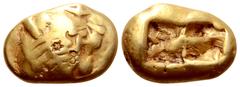 Greek Kingdom of Lydia, Alyattes EL Trite - 1/3 Stater. Sardes, circa 610-546 BC. Head of roaring lion right, sunburst with multiple rays on forehead / Two incuse square punches. Traité II/1, 44, pl. 