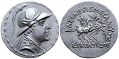 Greek Greco-Baktrian Kingdom, Eukratides I 'the Great' AR Tetradrachm. Circa 170-145 BC. Helmeted bust right / The Dioskouroi on horses prancing right, each holding spear and palm; ΒΑΣΙΛΕΩΣ ΜΕΓΑΛΟΥ ab