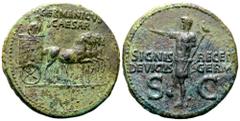 Roman Imperial Germanicus (father of Caligula) Æ Dupondius. Rome, AD 37-41. GERMANICVS CAESAR, Germanicus, bareheaded and draped, standing right in chariot, holding eagle-tipped sceptre and reins in l