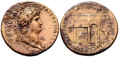 Roman Imperial Nero Æ Sestertius. Rome, AD 65. NERO CLAVD CAESAR AVG GER P M TR P IMP P P, laureate bust right, wearing aegis on left shoulder / PACE P R TERRA [MARI]Q PARTA IANVM CLVSIT, view of the 