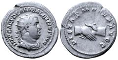 Roman Imperial Balbinus AR Antoninianus. Rome, AD 238. IMP CAES D CAEL BALBINVS AVG, radiate, draped and cuirassed bust right / CONCORDIA AVGG, clasped hands. RIC 10. 4.60g, 24mm, 12h. Good Very Fine.