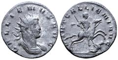 Roman Imperial Gallienus BI Antoninianus. Mediolanum, AD 260-261. GALLIENVS AVG, radiate and cuirassed bust right / VIRT GALLIENI AVG, Gallienus on horseback to right, preparing to spear fallen enemy.