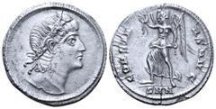 Roman Imperial Constans I AR Siliqua. Nicomedia, AD 337-340. Laurel and rosette-diademed head right, with eyes raised to heaven / CONSTANS AVG, Victory advancing left, holding wreath and palm; SMN in 