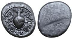 Greek Etruria, Populonia AR 20 Units. Early-mid 5th century BC. Amphora with blunt base set in elaborate stand, from the top of which emerges an octopus, tentacles spread to either side; XX below / Bl