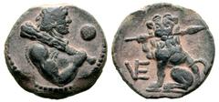 Greek Apulia, Venusia Æ Uncia. Circa 210-200 BC. Half length bust of Herakles right, wearing lion's skin headdress and holding club over shoulder; pellet before / Lion seated left, breaking spear held