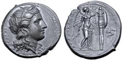 Greek Sicily, Syracuse AR Tetradrachm. Time of Agathokles, circa 310-306/5 BC. Head of Kore right, wearing earring, necklace and wreath of grain ears; KOPAΣ to left / Nike standing right, wearing drap