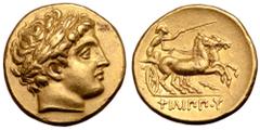 Greek Kingdom of Macedon, Philip II AV Stater. Struck under Philip III. Pella, circa 323-315 BC. Laureate head of Apollo right / Charioteer, holding kentron and reins, driving racing biga to right; th