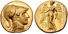 Greek Kingdom of Macedon, Alexander III 'The Great' AV Stater. Babylon, circa 315-311 BC. Struck under Peithon, for Antigonos I Monophthalmos. Head of Athena right, wearing triple-crested Corinthian h