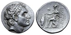 Greek Kingdom of Pergamon, Philetairos I AR Tetradrachm. Circa 270-265 BC. Diademed head of the deified Seleukos I to right / Athena, helmeted and wearing long robes, seated to left on low throne with