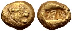 Greek Kingdom of Lydia, Alyattes EL Trite - 1/3 Stater. Sardes, circa 610-546 BC. Head of roaring lion right, sunburst with multiple rays on forehead / Two incuse square punches. Traité II/1, 44, pl. 