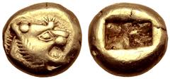 Greek Kingdom of Lydia, Alyattes EL Trite - 1/3 Stater. Sardes, circa 610-546 BC. Head of roaring lion right, sunburst with multiple rays on forehead / Two incuse square punches. Traité II/1, 44, pl. 