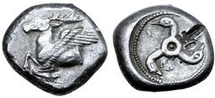 Greek Dynasts of Lycia, Khinakha(?) AR Stater. Kandyba, circa 470-440 BC. Forepart of winged stag left / Triskeles with arms ending in swan heads, legend traces around, all within dotted border within