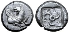 Greek Dynasts of Lycia, Kuprilli AR Stater. Circa 480-440 BC. Forepart of griffin to right, head left / Triskeles, KOΠPΛΛE around; all within dotted border within incuse square. Mørkolm-Zahle 103 var.
