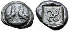 Greek Dynasts of Lycia, Teththiveibi AR Stater. Circa 460-425 BC. Two cockerels facing one another on round shield; monogram between / Tetraskeles, T↑XXEF↑EBE around; all within dotted border within i