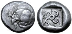 Greek Dynasts of Lycia, Teththiveibi AR Stater. Circa 460-425 BC. Forepart of boar to left / Tetraskeles, T↑XXEF↑EB around; all within dotted border within incuse square. Vismara, Falghera 138; SNG vo