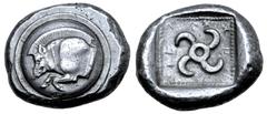 Greek Dynasts of Lycia, Kuprilli AR Stater. Circa 480-440 BC. Forepart of griffin to right, head left / Triskeles, KOΠPΛΛE around; all within dotted border within incuse square. Mørkolm-Zahle 103 var.