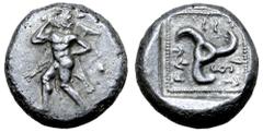 Greek Dynasts of Lycia, Vekhssere I AR Stater. Circa 450-430 BC. Herakles, draped in lion's skin, advancing left, head right, holding club over shoulder / Triskeles, small diskeles to lower right, Lyc