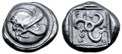 Greek Dynasts of Lycia, Vekhssere I AR Stater. Circa 450-435 BC. Forepart of winged boar flying to left on round shield / Triskeles and small diskeles, F↑↓SS↑ around; all within dotted border within i