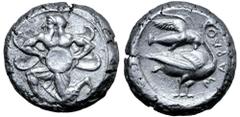 Greek Cilicia, Mallos AR Stater. Circa 440-400 BC. Bearded male deity with two pairs of wings in kneeling-running stance to left, holding solar disc with both hands / Swan standing to right, eagle upo