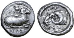 Greek Cyprus, Salamis AR Stater. Nikodamos, circa 460-450. Recumbent ram to right, oinochoe above; Cypriot script 'pa-si-le-wo-se ni-ko-ta-mo' around / Head of ram to left, olive branch and elaborate 
