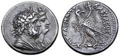 Greek Ptolemaic Kingdom of Egypt, Ptolemy IV Philopator AR Tetradrachm. Alexandria, circa 217-215/0 BC. Jugate draped busts right of Serapis and Isis / BAΣIΛEΩΣ ΠTOΛEMAIOY, eagle standing left on thun