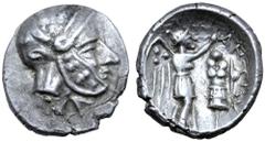 Greek Seleukid Empire, Antiochos I, with Seleukos I, AR Drachm. Coregency issue. Drangiana, circa 294-281 BC. Head of hero right, assimilating Seleukos, Alexander and Dionysos, wearing helmet covered 