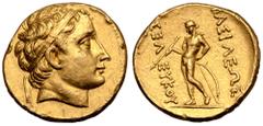 Greek Seleukid Empire, Seleukos II Kallinikos AV Stater. Uncertain western mint, circa 246-225 BC. Diademed head right / Apollo, nude, standing to left and examining arrow held in right hand, left han