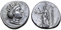 Greek Parthia, Andragoras AR Tetradrachm. Ekbatana, circa 246/5-239/8 BC. Turreted head of Tyche right, wearing pendant earring and necklace; monogram of Andragoras behind / Athena standing left, wear