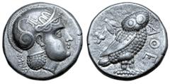 Greek Baktria, 'Athenian Series' AR Tetradrachm. Uncertain mint in the Oxus region, circa 261-239/8 BC. Attic standard. Head of Athena right, wearing earring, necklace, and crested Attic helmet decora