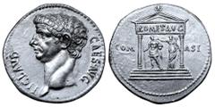 Roman Provincial Claudius I AR Cistophorus. Uncertain mint in Asia Minor, AD 41-54. TI CLAVD CAES AVG, bare-head left / Distyle temple inscribed ROM ET AVG on entablature and containing figure of Augu