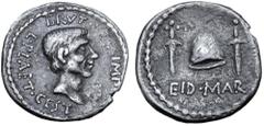 Roman Imperatorial Q. Servilius Caepio (M. Junius) Brutus Imitative AR Denarius. Uncertain mint, after summer 42 BC (possibly AD 68/9, or later). Bare head of Brutus right; BRVT above, IMP to right, L