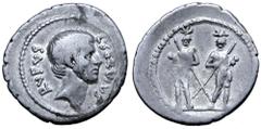 Roman Imperatorial L. Servius Rufus AR Denarius. Rome, 43 BC. Bare head of Brutus right; L•SERVIVS RVFVS around / The Dioscuri standing facing, both holding spears and with swords hanging from waist. 