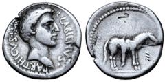 Roman Imperatorial Quintus Labienus AR Denarius. Uncertain mint in Syria or south-eastern Asia Minor, early 40 BC. Bare head right; Q•LABIENVS•PARTHICVS•IMP around / Horse standing to right on ground 