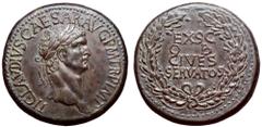 Roman Imperial Claudius I Æ Sestertius. Rome, AD 41-42. TI CLAVDIVS CAESAR AVG P M TR P IMP, laureate head right / EX SC OB CIVES SERVATOS in four lines within oak wreath. Von Kaenel type 54; C. 39; B