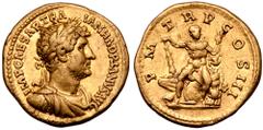 Roman Imperial Hadrian AV Aureus. Rome, AD 119-122. IMP CAESAR TRAIAN HADRIANVS AVG, laureate, draped and cuirassed bust right / P M TR P COS III, Hercules seated facing, on shield and cuirass, holdin