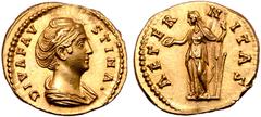 Roman Imperial Diva Faustina I (wife of A. Pius) AV Aureus. Rome, after AD 141. DIVA FAVSTINA•, draped bust right / AETERNITAS, Fortuna standing left, holding patera and rudder. RIC 349a (Pius); BMCRE