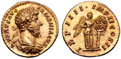 Roman Imperial Lucius Verus AV Aureus. Rome, AD 164. L VERVS AVG ARMENIACVS, laureate, draped and cuirassed bust right / TR P IIII IMP II COS II, Victory, naked to waist, standing right, holding writi