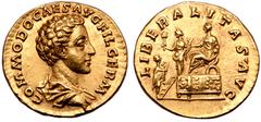 Roman Imperial Commodus, as Caesar, AV Aureus. Rome, AD 175. COMMODO CAES AVG FIL GERM, bare-headed and draped bust right / LIBERALITAS • AVG, Commodus, togate, seated to left on curule chair set on p