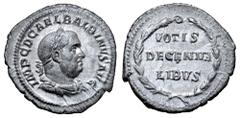Roman Imperial Balbinus AR Denarius. Rome, circa April-June AD 238. IMP C D CAEL BALBINVS AVG, laureate, draped and cuirassed to right / VOTIS DECENNA-LIBVS in three lines within wreath. RIC -; BMCRE 