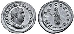 Roman Imperial Balbinus AR Denarius. Rome, AD 238. IMP C D CAEL BALBINVS AVG, laureate, draped and cuirassed bust right / P M TR P COS II P P, togate emperor standing left, holding branch and parazoni